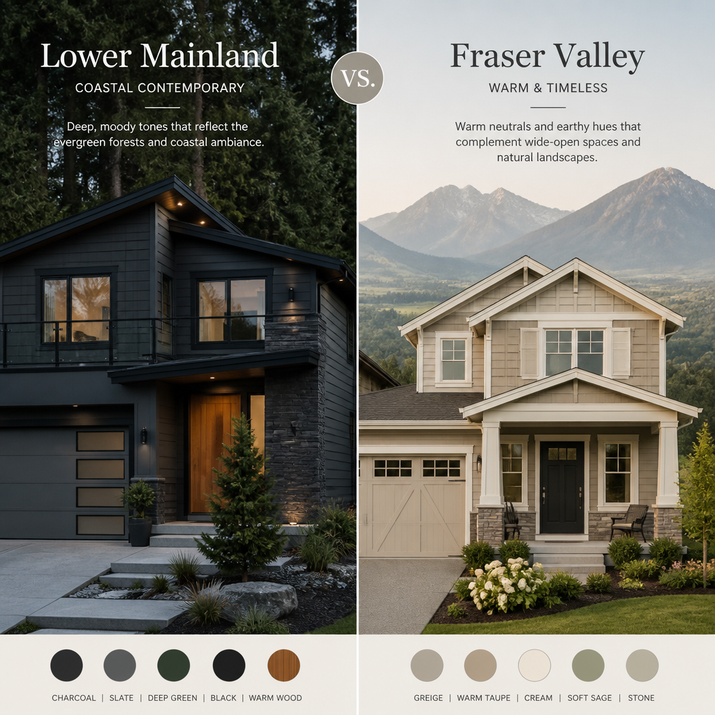Comparison of exterior paint colours suited to BC regions: coastal grey versus valley greige