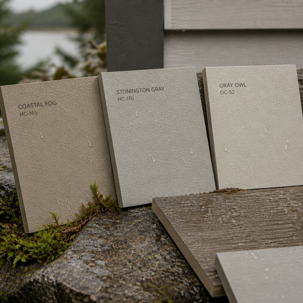 Exterior paint colour samples in warm neutrals with weather-resistant finishes