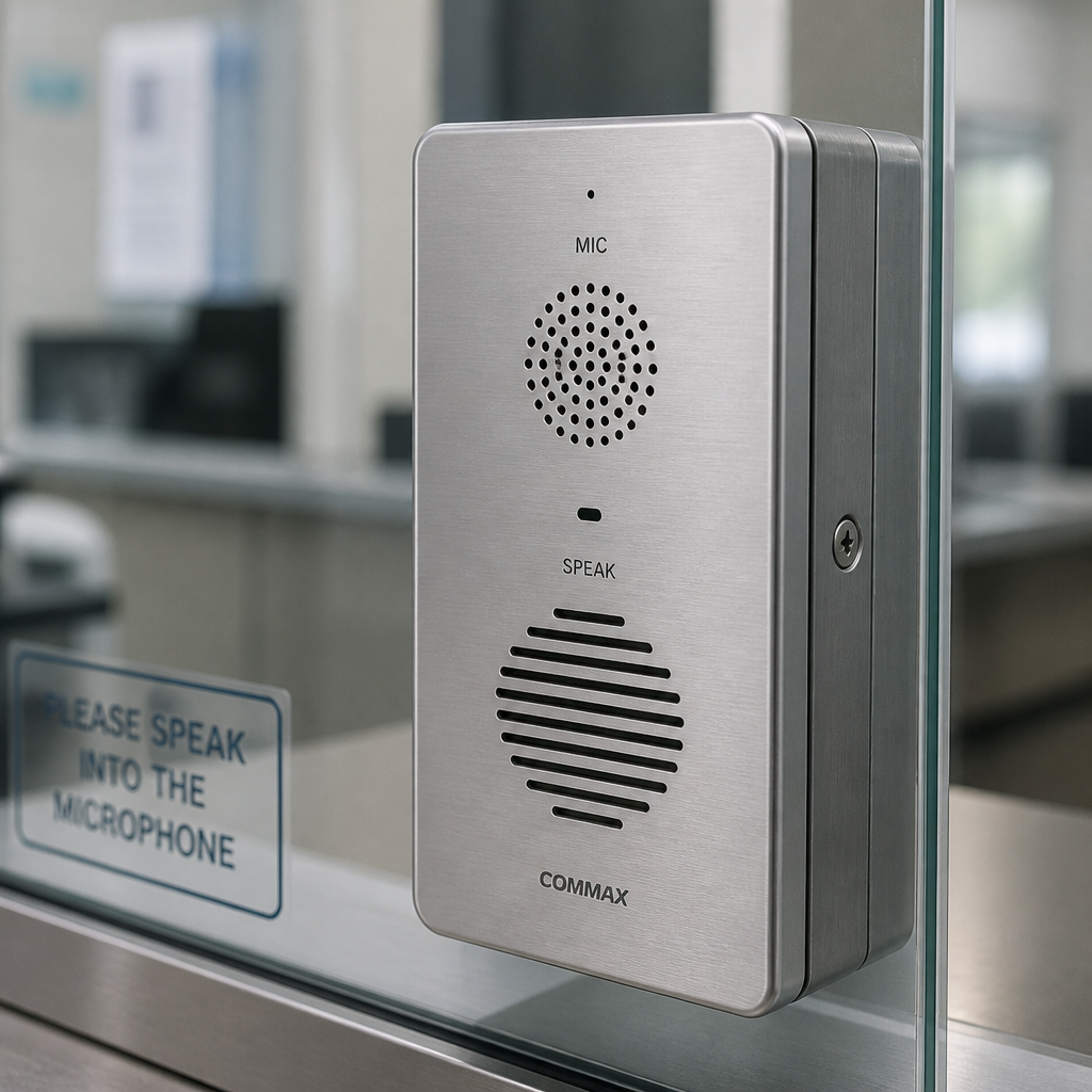 Modern window intercom system mounted on clear glass with microphone and speaker details visible