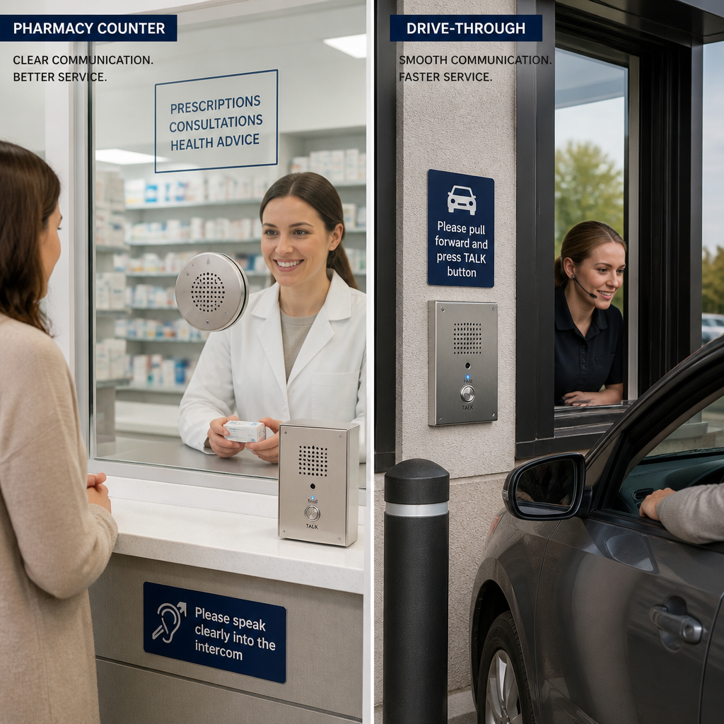 Side-by-side view of pharmacy and drive-through window intercom installations in professional environments