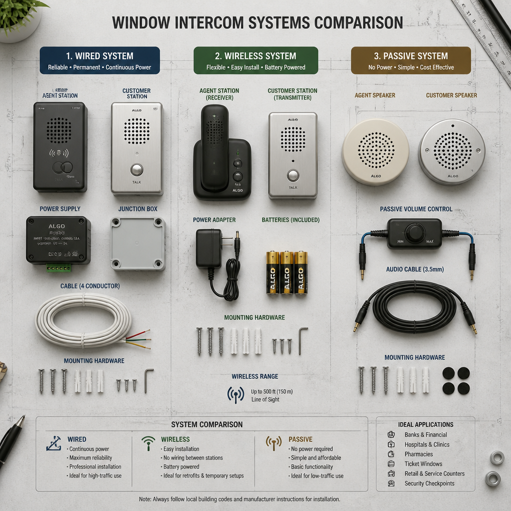 Flat-lay technical display comparing wired, wireless, and passive window intercom system components