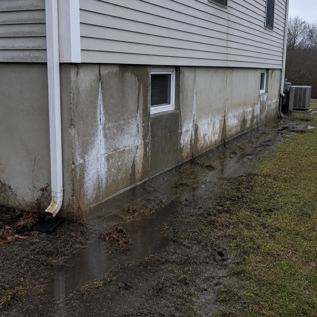 Water damage and moisture visible along a home's foundation and basement exterior