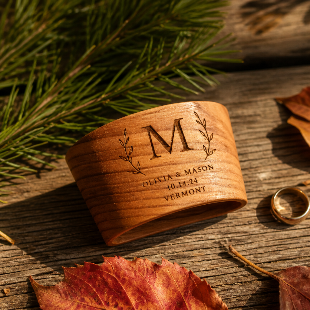 Wooden TreeSleeve cup holder with custom monogram engraving on rustic surface
