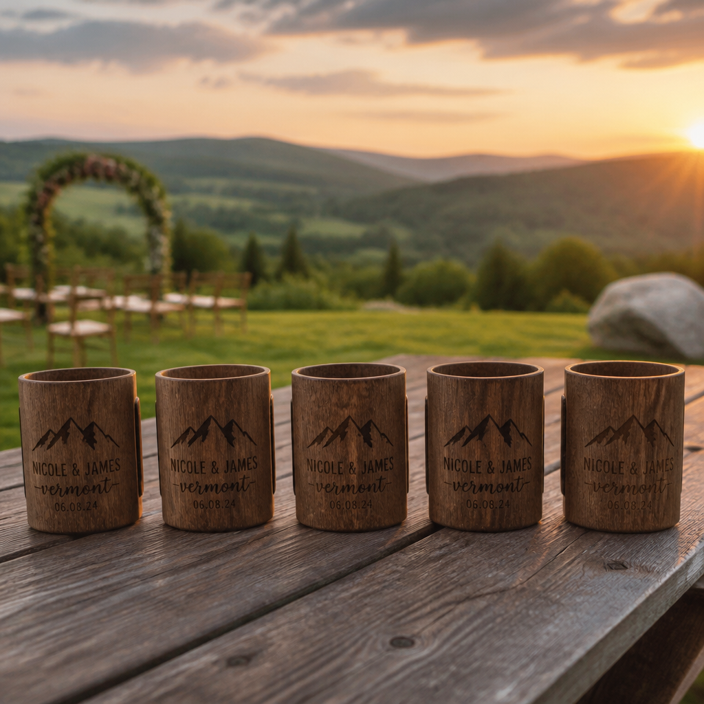 Five wooden cup sleeves displayed at outdoor wedding reception table with mountain scenery