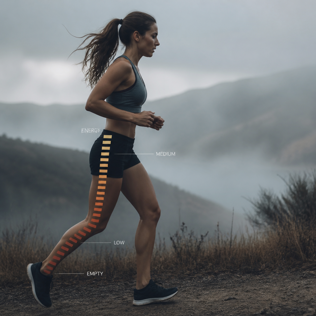 Female athlete running on a trail with visible fatigue, representing performance decline from iron deficiency