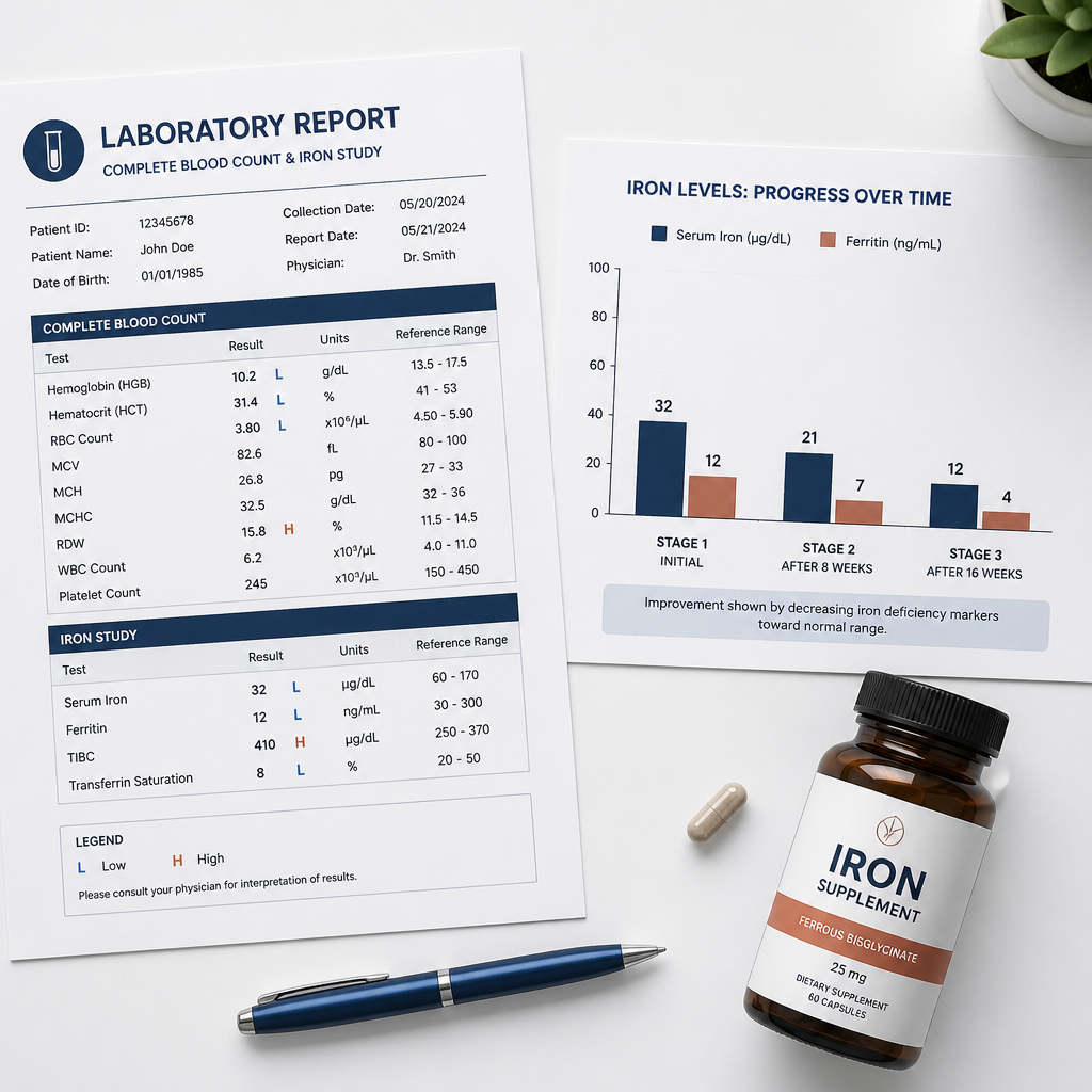 Medical documentation and iron supplement with progress chart illustrating the three stages of iron deficiency