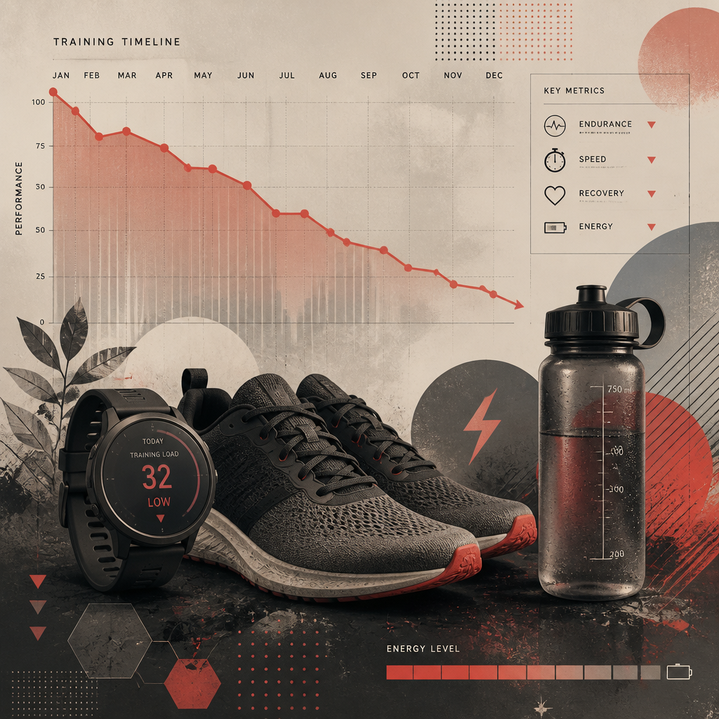 Athletic equipment and performance metrics showing declining training effectiveness related to iron deficiency