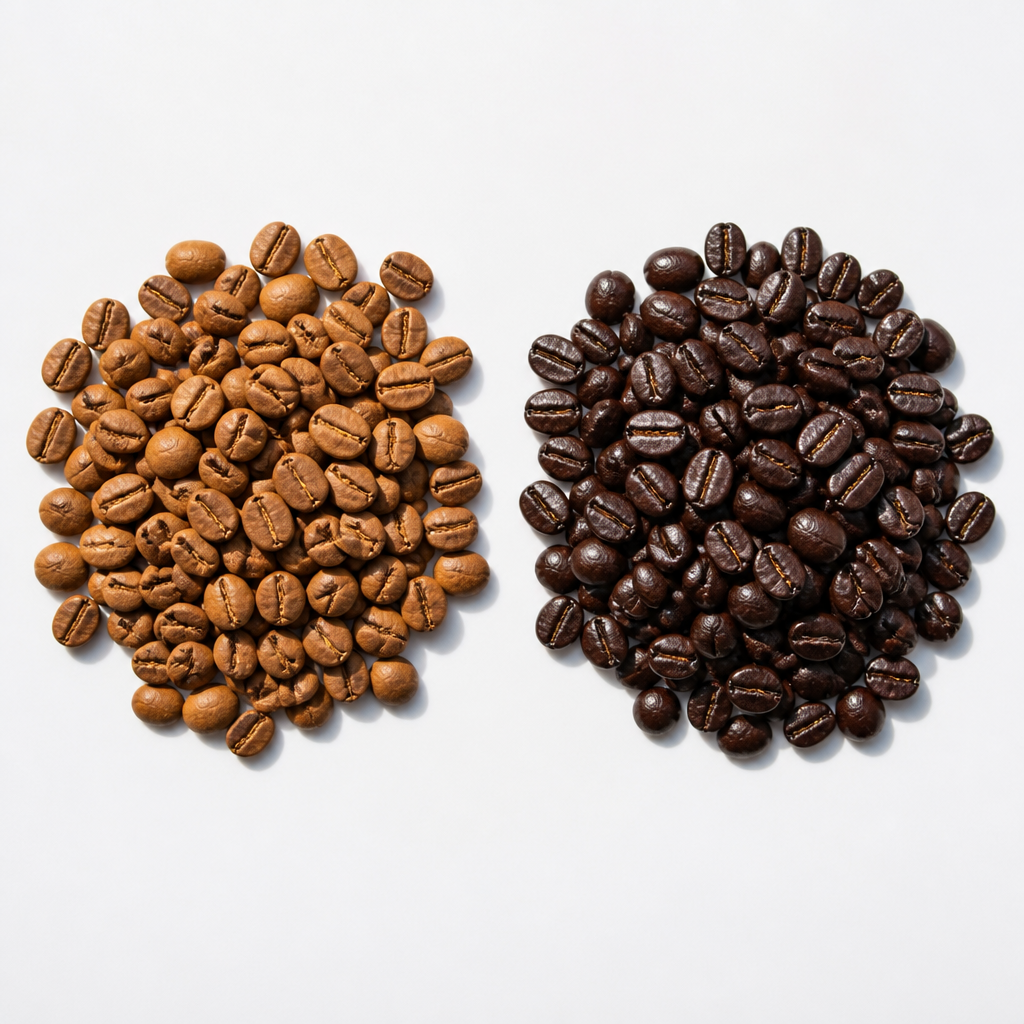 Light and dark roasted coffee beans side by side on white background