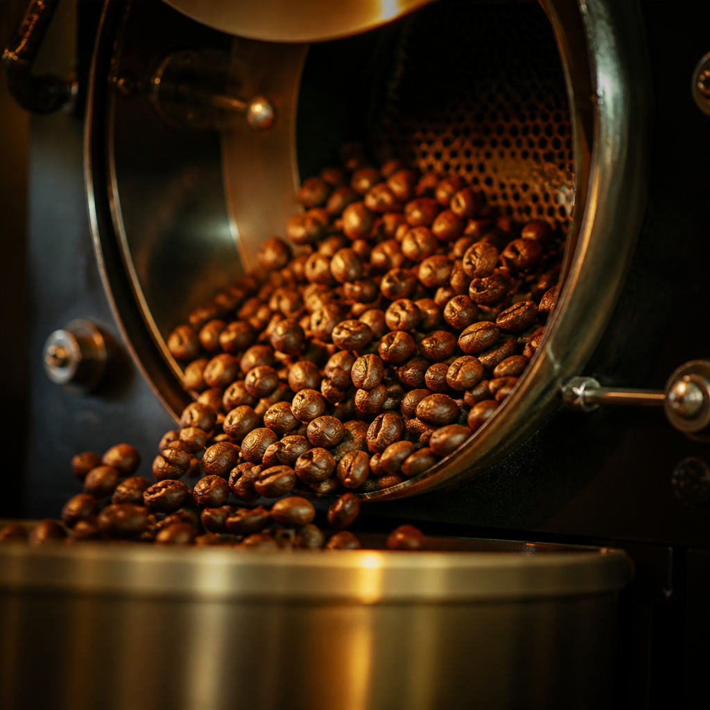 Coffee beans roasting inside a rotating drum barrel