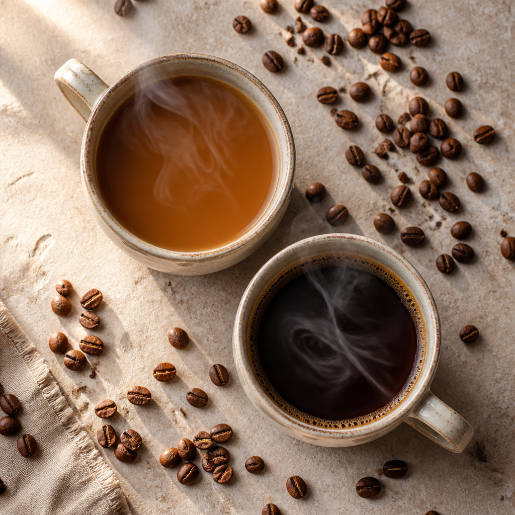 Two brewed coffee cups in light and dark roasts viewed from above