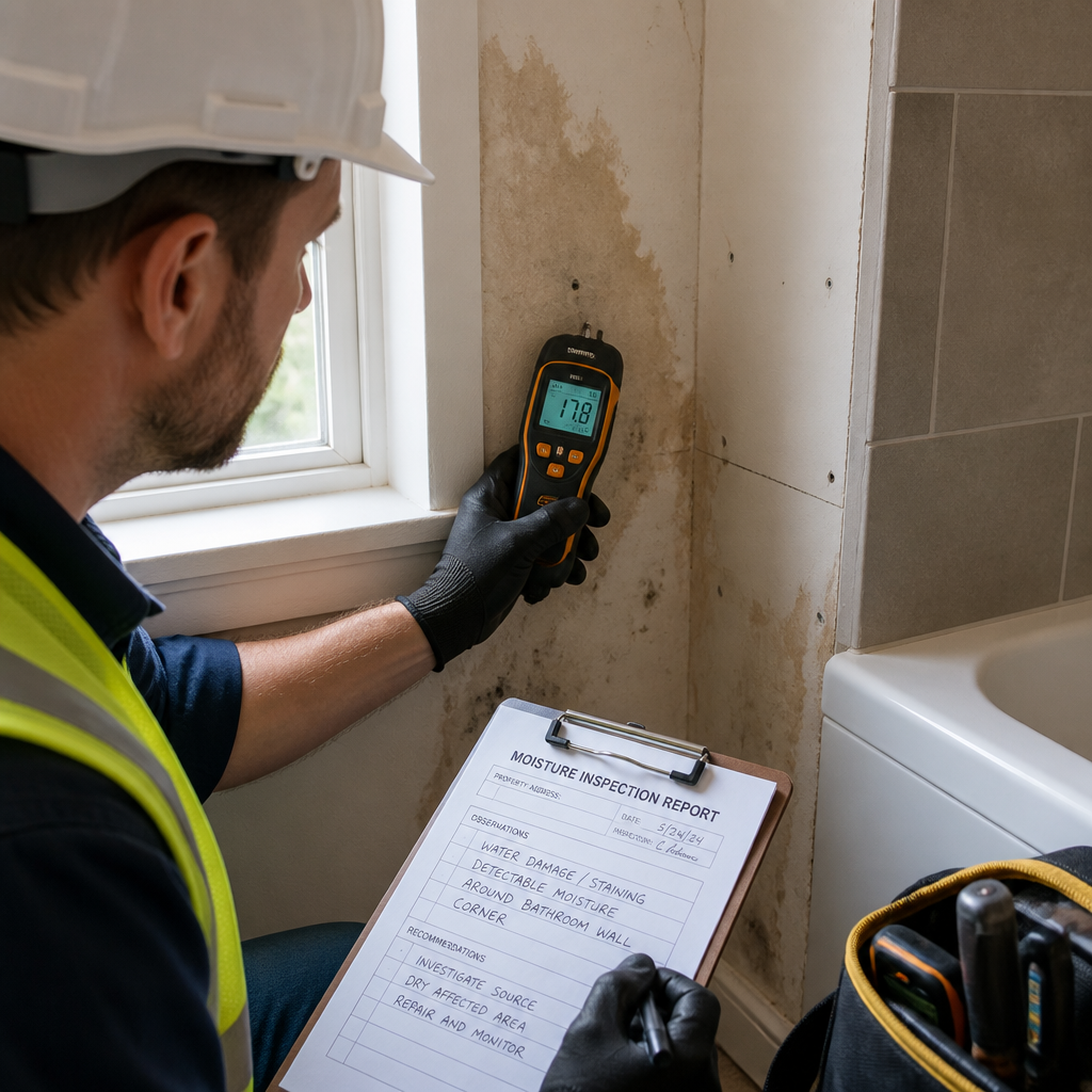 Construction inspector checking for water damage in a new home bathroom using a moisture meter