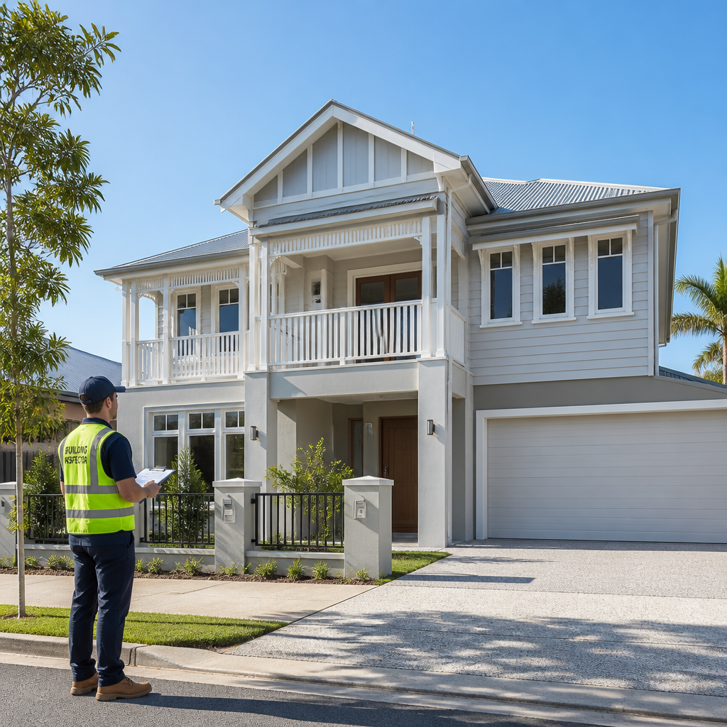 Pre-handover inspection of a new home exterior and architectural elements