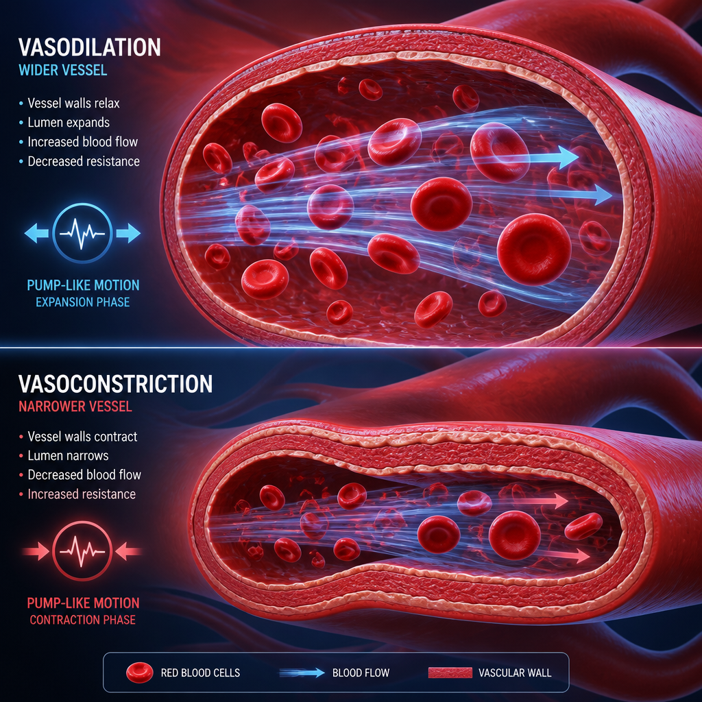 Ilustração científica da vasodilatação e vasoconstricção nos vasos sanguíneos durante a terapia de contraste