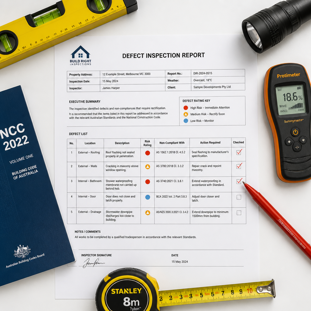 New home defect checklist and inspection tools arranged on a document