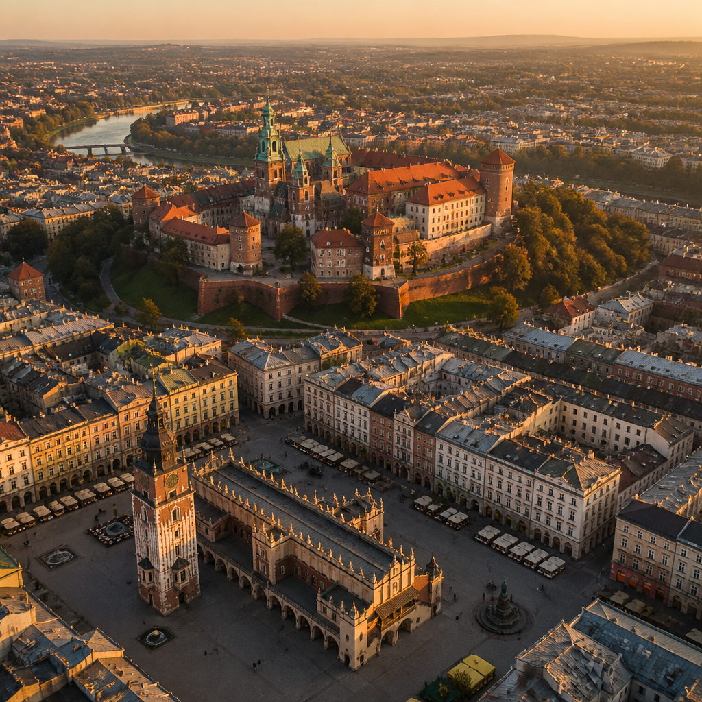 Widok z helikoptera na Kraków ze Wawelem i starówką otoczoną dachami