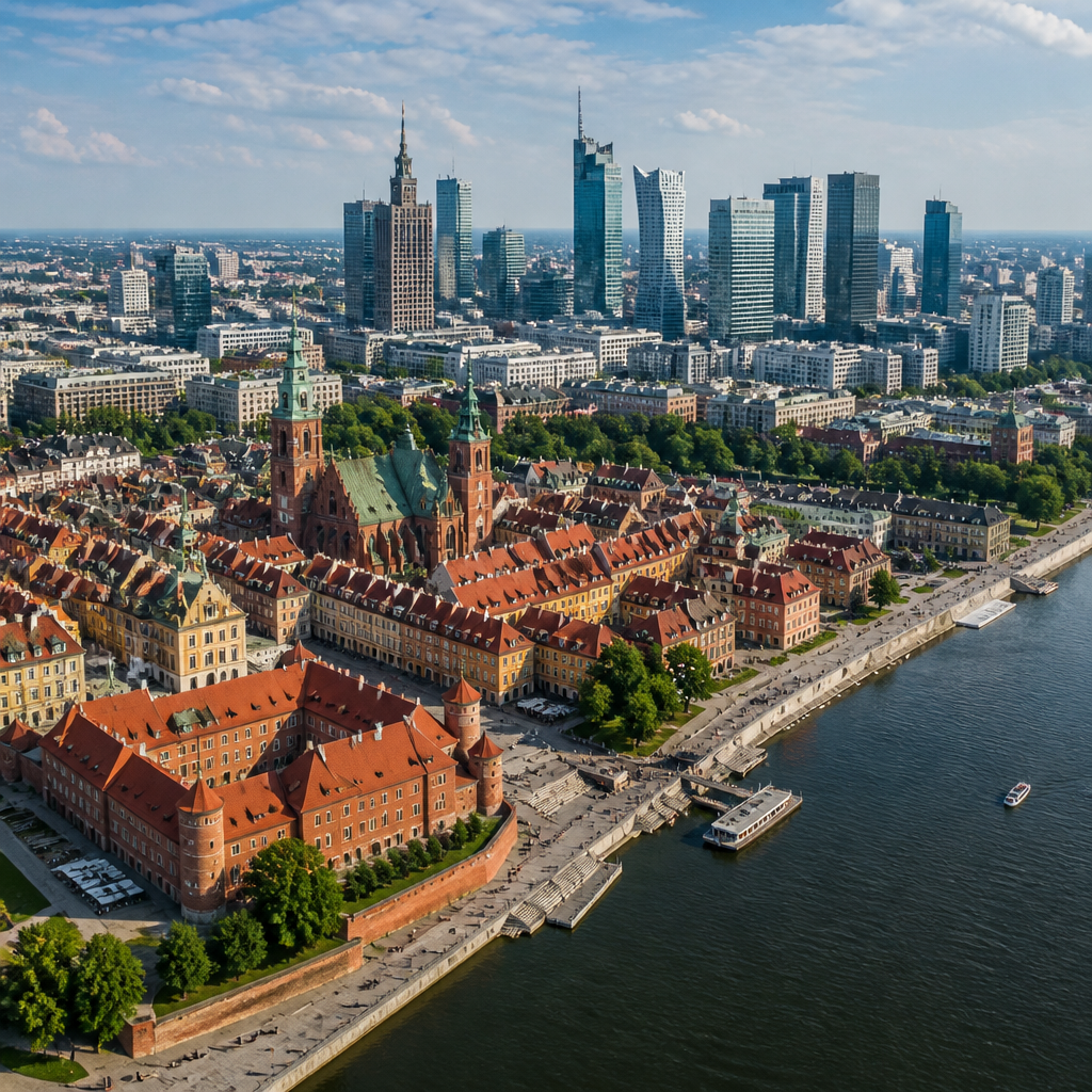 Panoramiczny widok Warszawy z powietrza: historyczna starówka versus nowoczesne wieżowce
