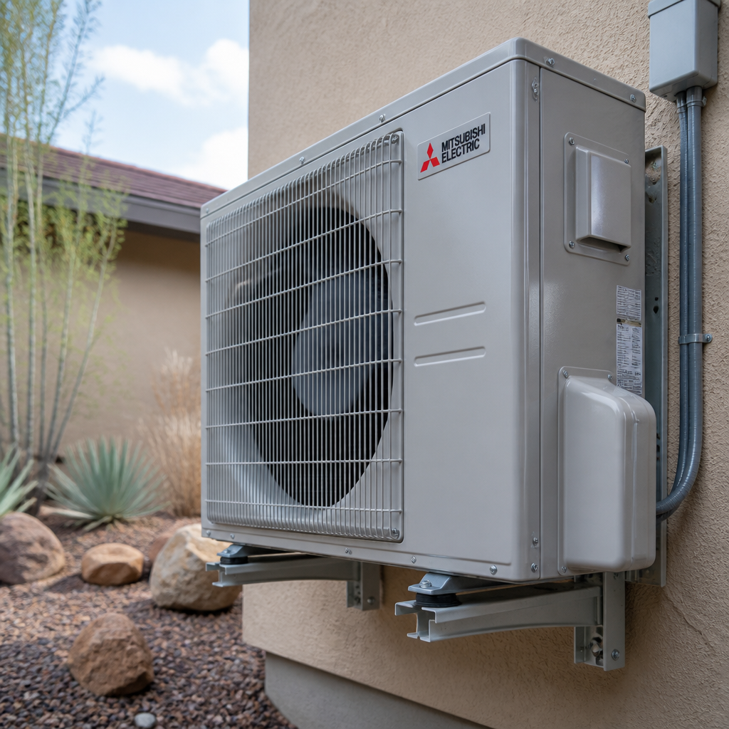 Detailed view of residential AC unit with desert landscaping