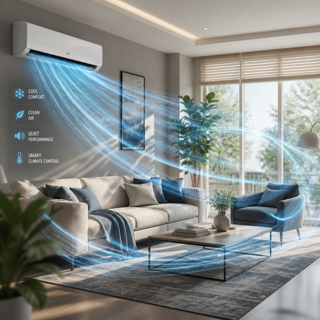 Abstract representation of cool air flowing through modern home interior