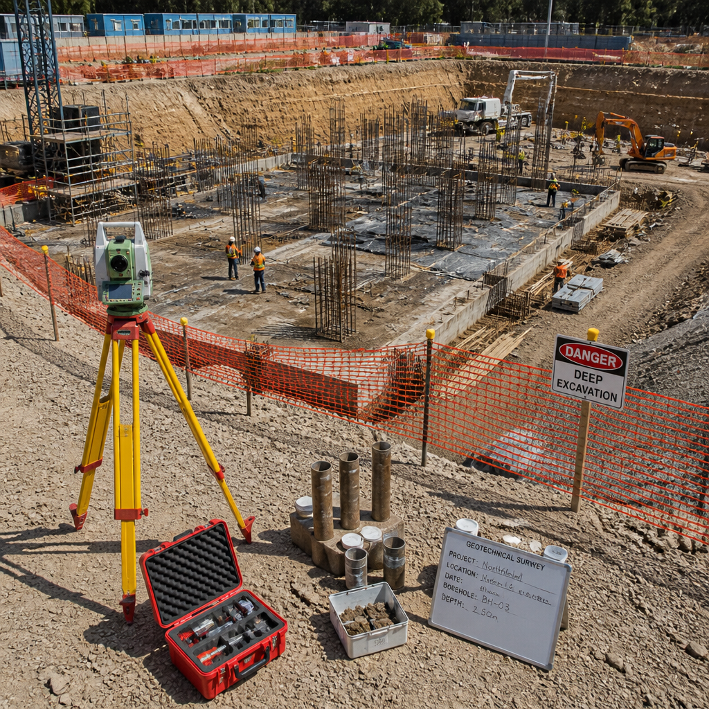 Chantier de construction avec équipements de suivi géotechnique et travaux de fondation en cours