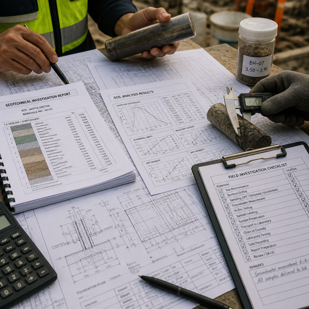 Documentation technique géotechnique et instruments de mesure sur un chantier de construction