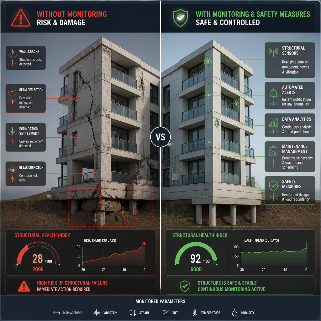 Comparaison visuelle entre les risques d'absence de suivi et les bénéfices du contrôle géotechnique