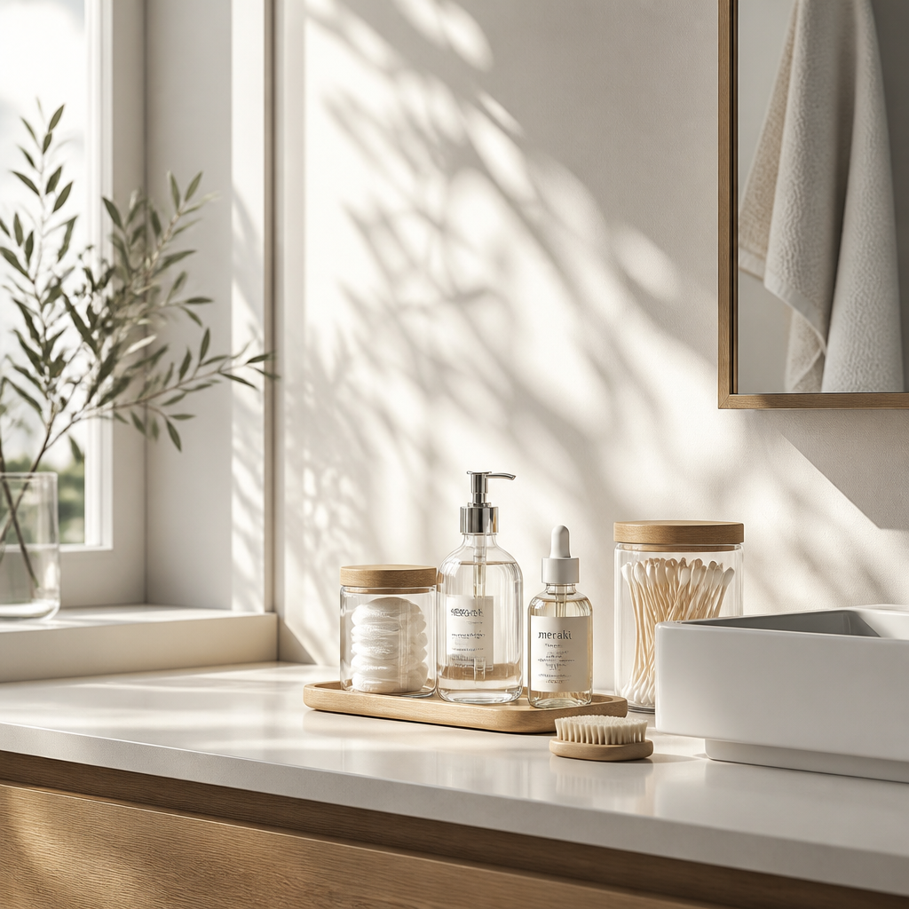 Decluttered bathroom counter with organized glass containers and natural lighting