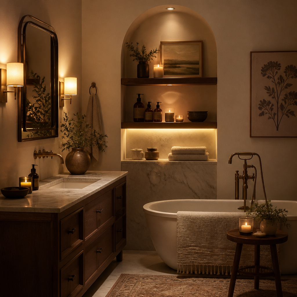 Bathroom with warm layered lighting including soft sconces and candlelight creating a calming ambiance