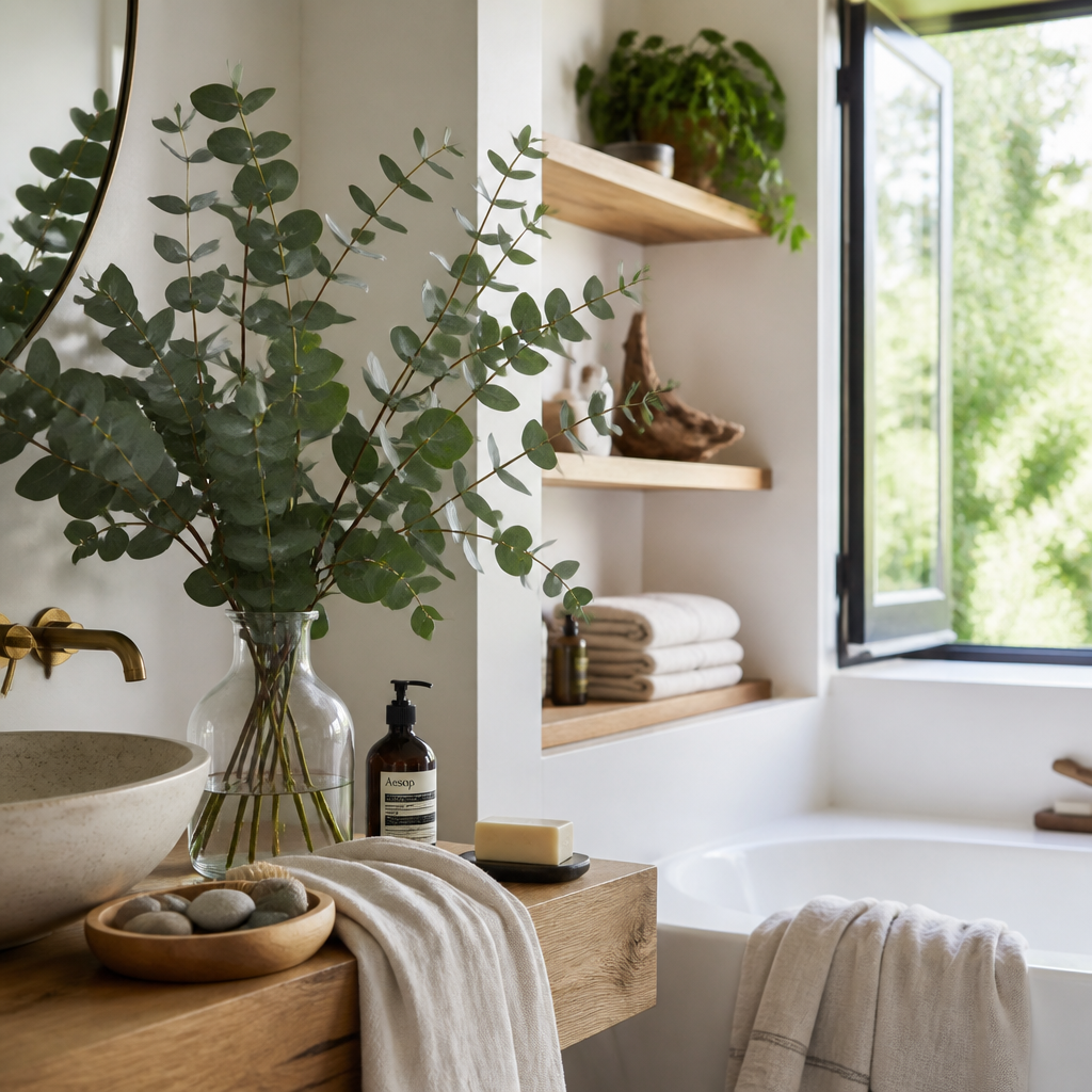 Bathroom corner with potted eucalyptus and natural elements creating a calming botanical display