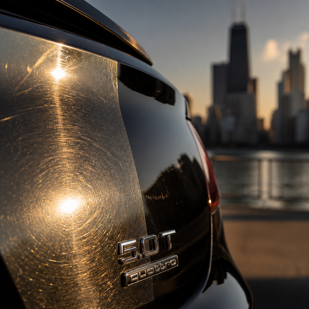 Close-up of car paint showing swirl marks and scratches compared to polished section
