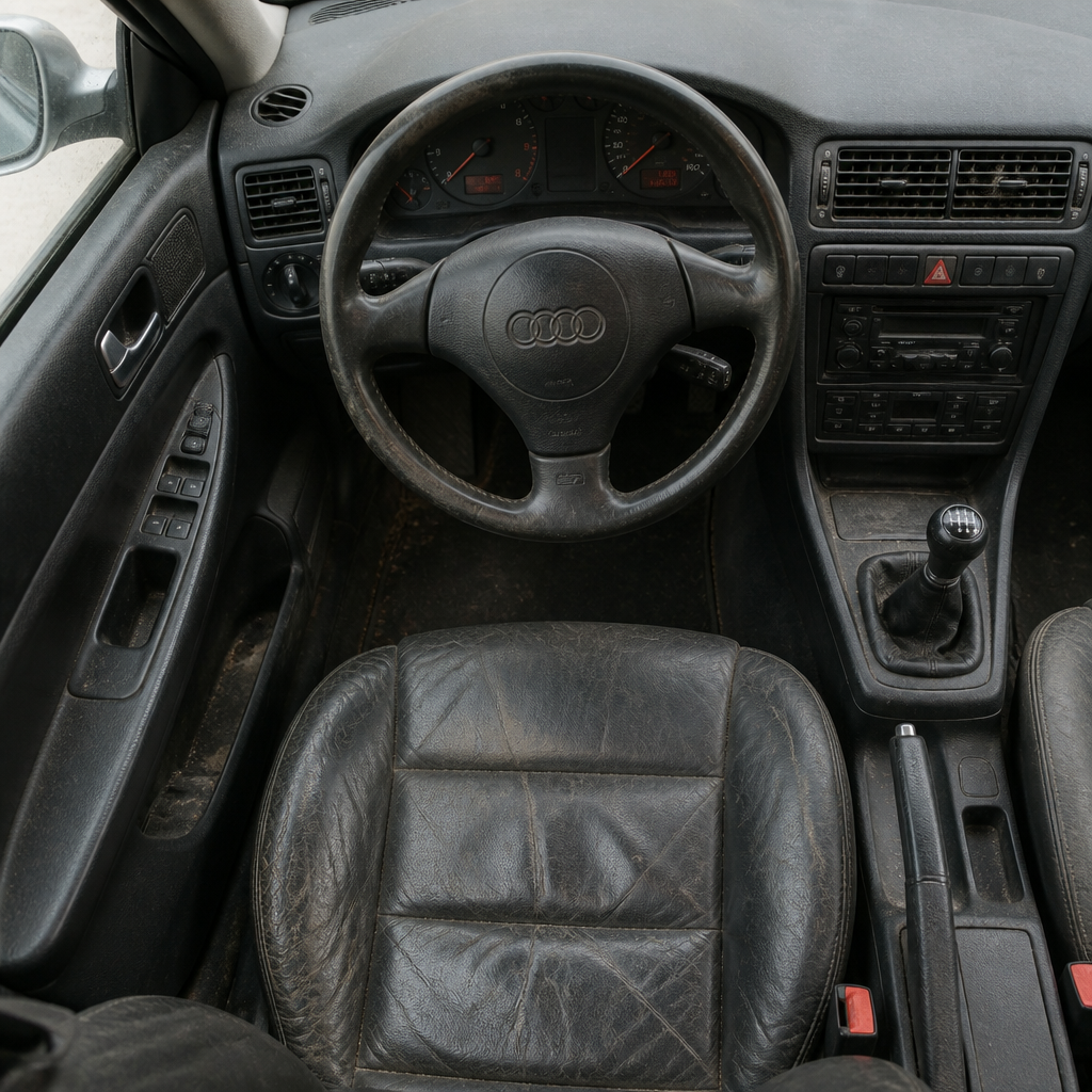 Car interior showing worn leather seats and dust accumulation on dashboard