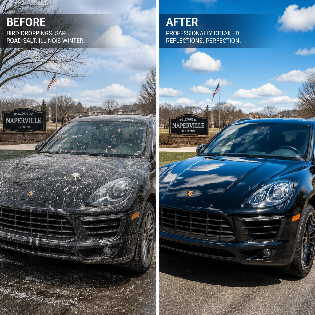 Before-and-after comparison of luxury vehicle exterior detailing results