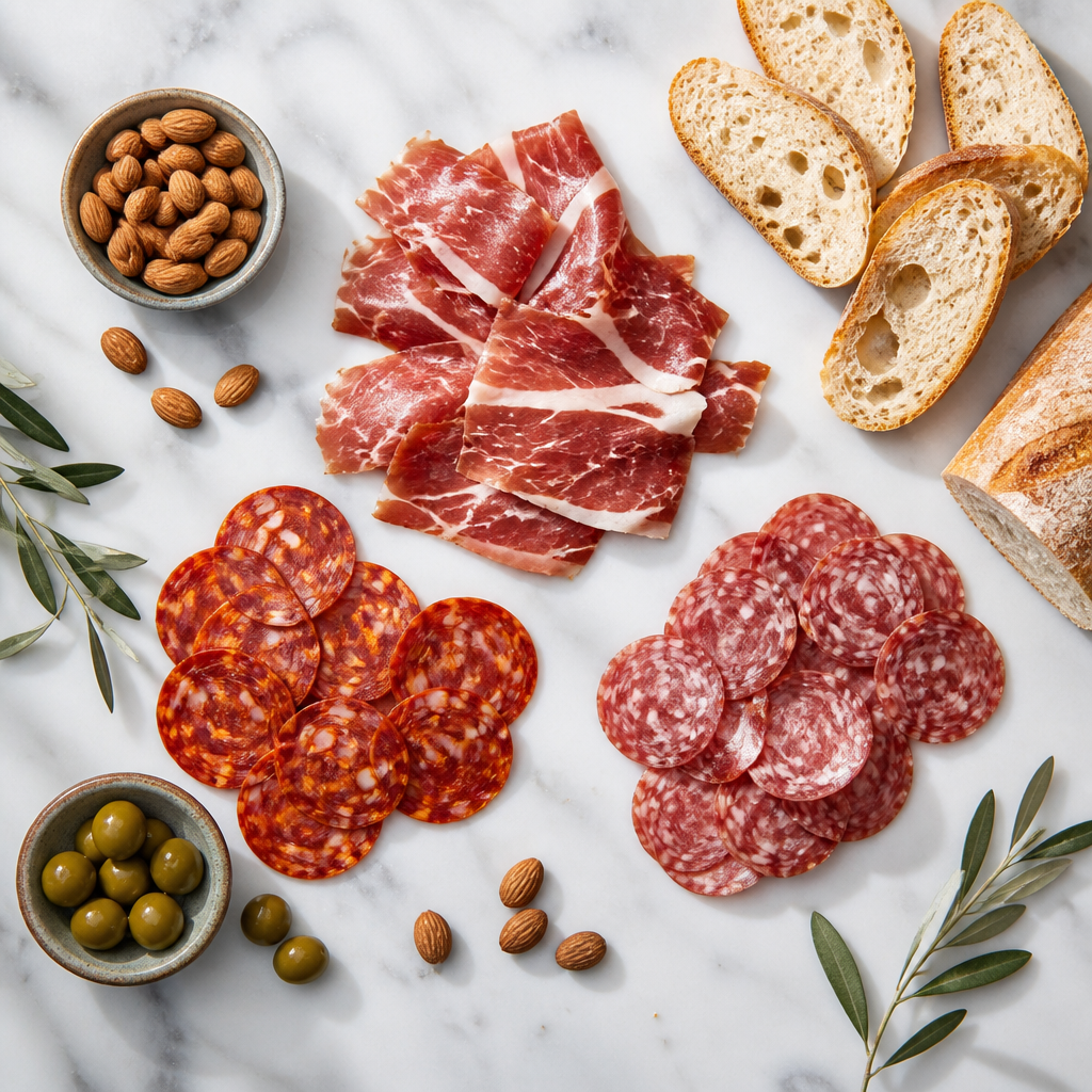 Vista superior de una tabla de embutidos ibéricos en preparación con disposición elegante y espaciada