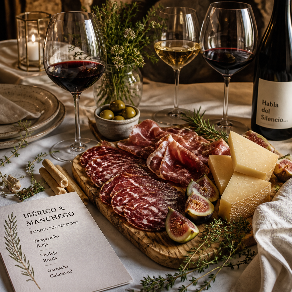 Composición de mesa con tabla de embutidos ibéricos, vinos y acompañamientos para maridaje