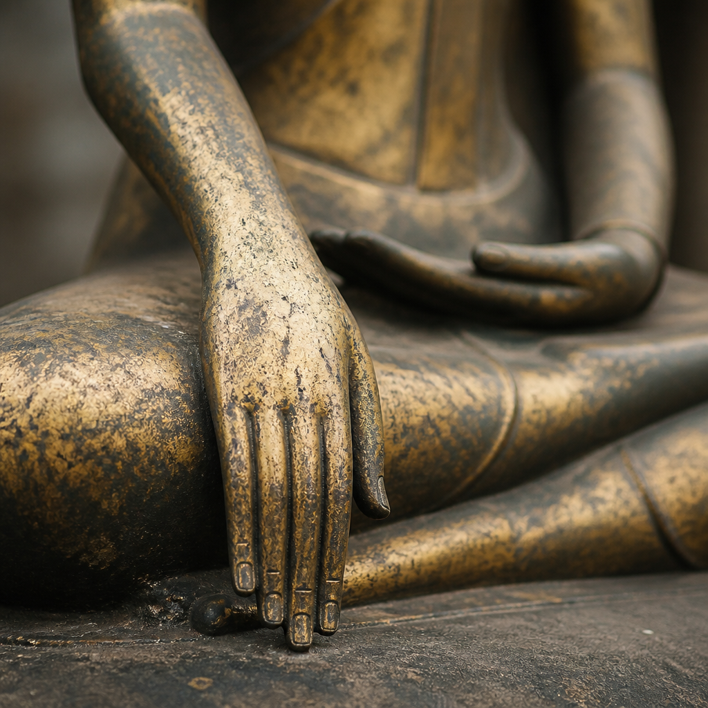 Nahaufnahme von bronzenen Buddha-Händen in erdberührender Mudra-Geste mit goldener Patina