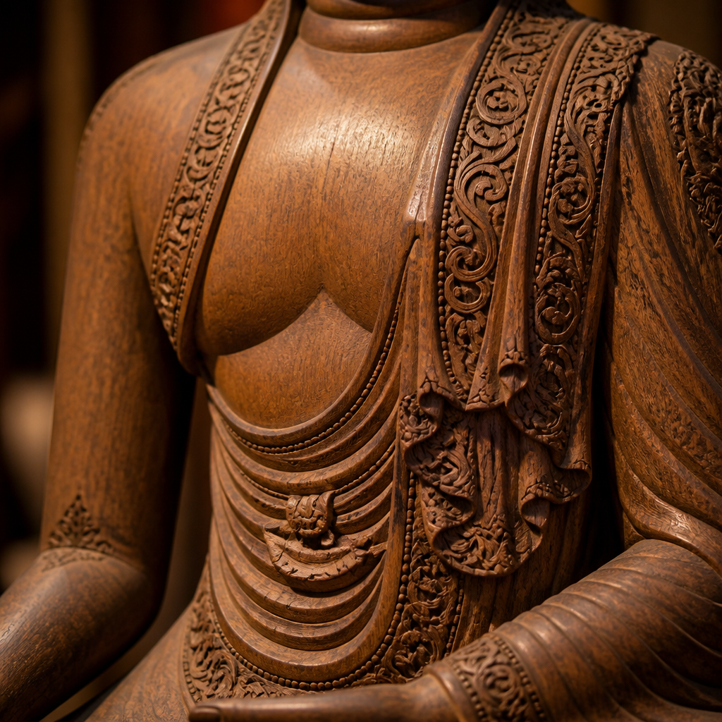 Vista dettagliata di una statua di Buddha in stile Mandalay che mostra pieghe della veste intagliate e dettagli tessili