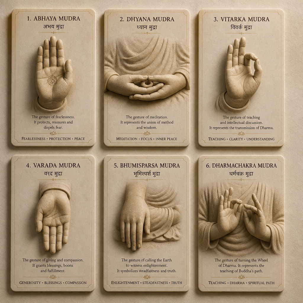 Draufsicht auf sechs Buddha-Hand-Mudra-Referenzskulpturen, die in einem Raster angeordnet sind