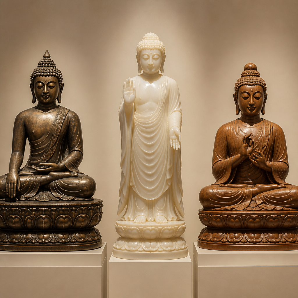 Tre statue di Buddha in materiali diversi che rappresentano distinti stili regionali birmani