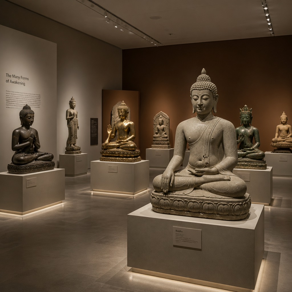 Galerieausstellung von Buddha-Statuen mit verschiedenen Handgesten im modernen Museumsraum