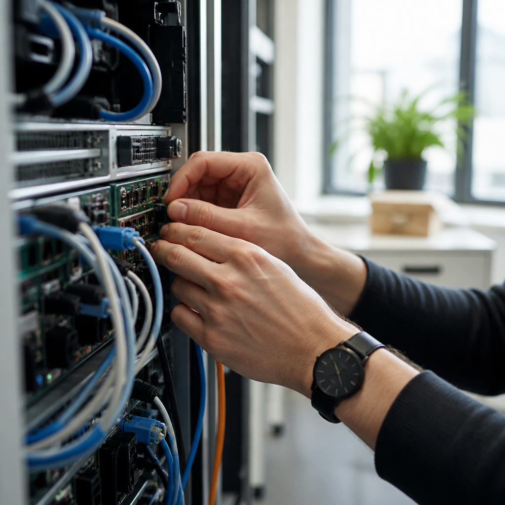 Tekniker arbejder på serverudstyr i moderne kontormiljø