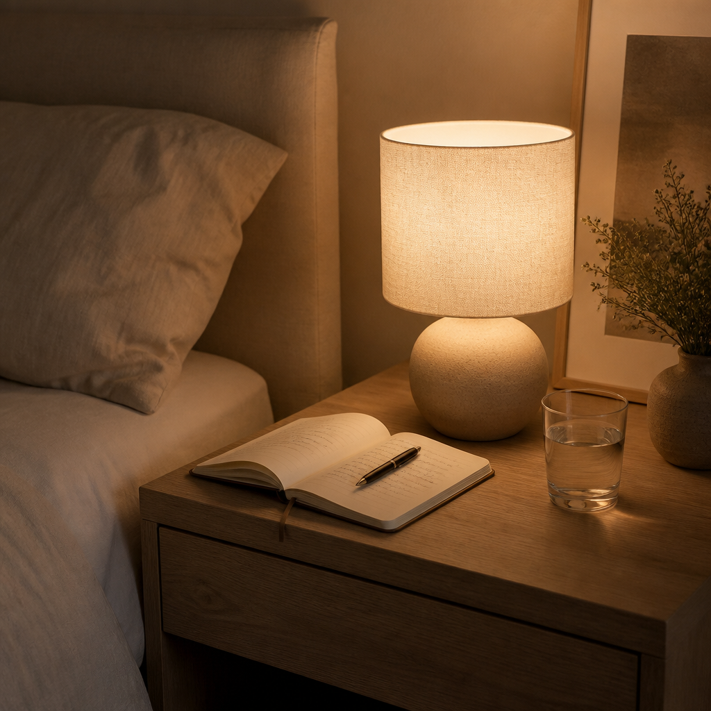 A calm nightstand setup with a glowing lamp, journal, and water glass preparing for sleep