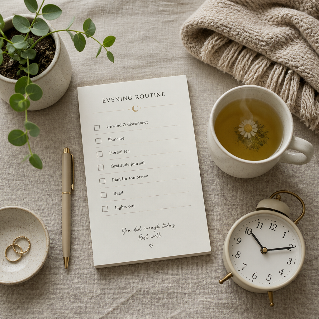 Flat lay of evening routine checklist items including tea, plant, blanket, and notepad on neutral fabric