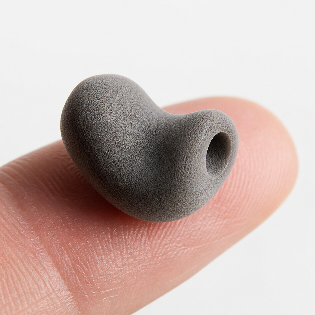 Macro view of a high-attenuation ear plug showing detailed foam texture and ergonomic fit design