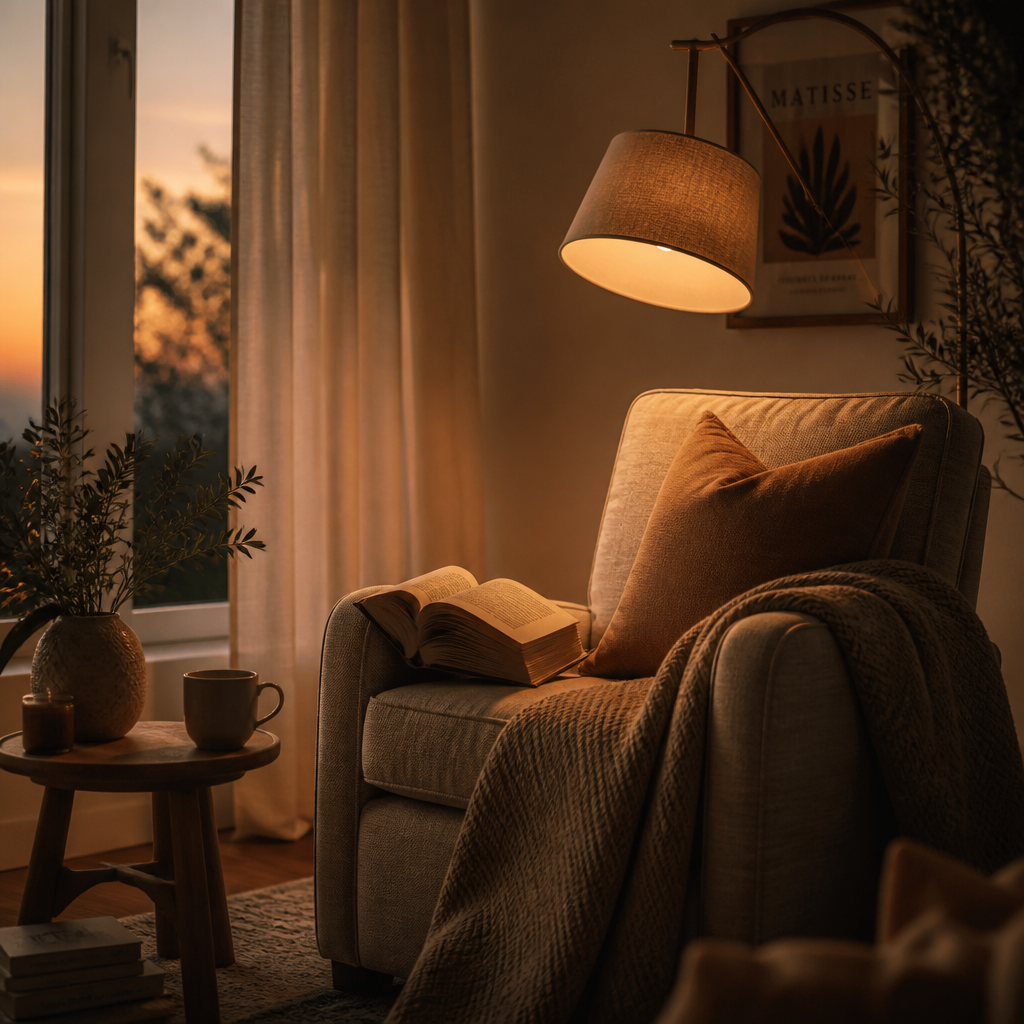 A peaceful reading nook at dusk with warm lighting, a book, and calming decor for evening wind-down