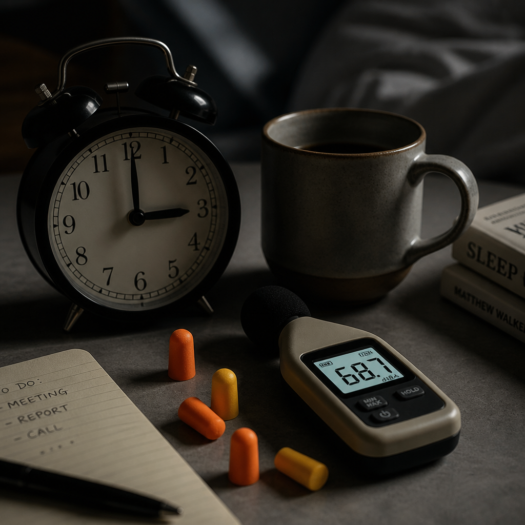 Still life arrangement representing sleep deprivation challenges: alarm clock, coffee, decibel meter, and ear plugs
