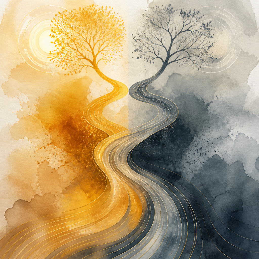 Two diverging paths in warm and muted tones representing joy-driven versus fear-driven career choices