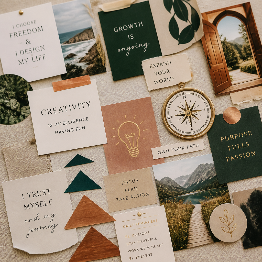 Vision board collage with symbols of autonomy, growth, and professional purpose
