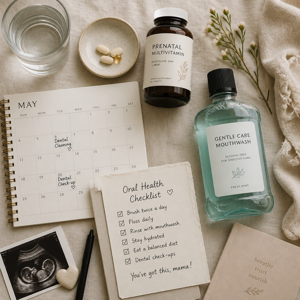 Organized flat-lay of pregnancy dental care essentials and wellness routine items