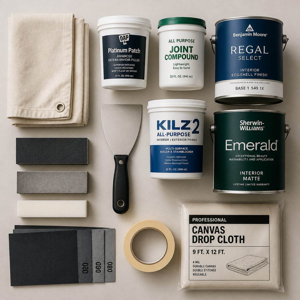 Professional painting preparation tools and materials laid out on a workspace