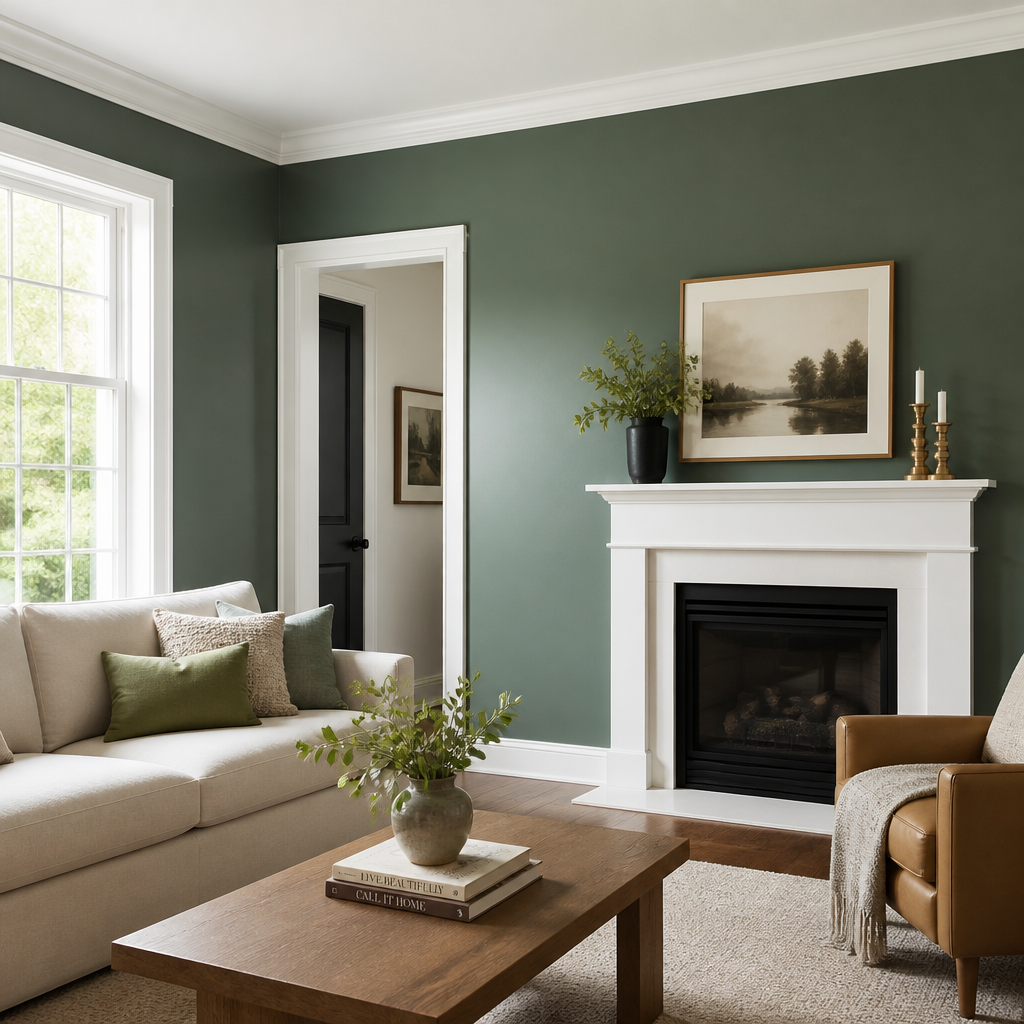 Modern living room with a professionally finished accent wall showing museum-quality paint results