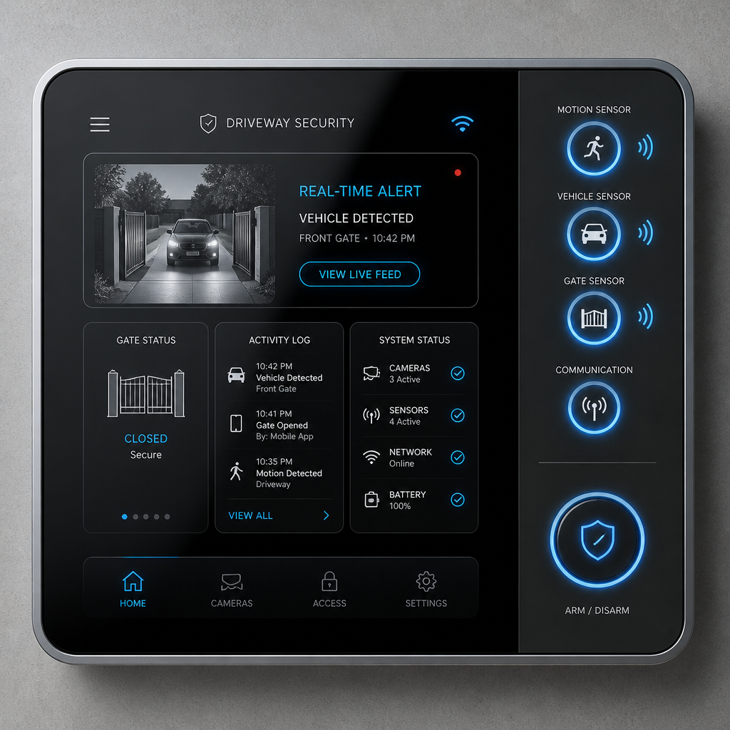 Modern driveway alarm system control panel with active sensor indicators and wireless alert display